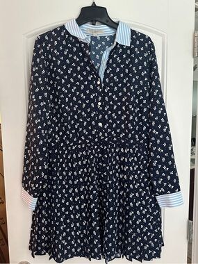 LOFT Navy Blue Pleated Skirt with White Floral Print